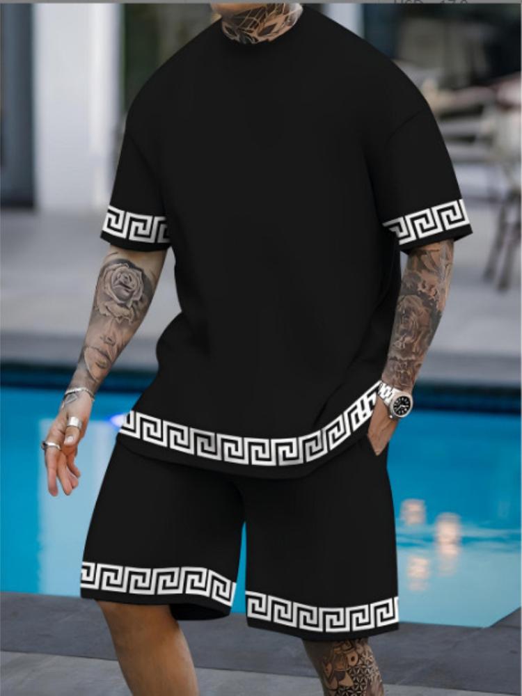 

Men s Short Sleeve T-Shirt with Stripes & Palm Tree Print, Red Shorts with Black Palm Tree Pattern, Casual Summer Outfit XXXL