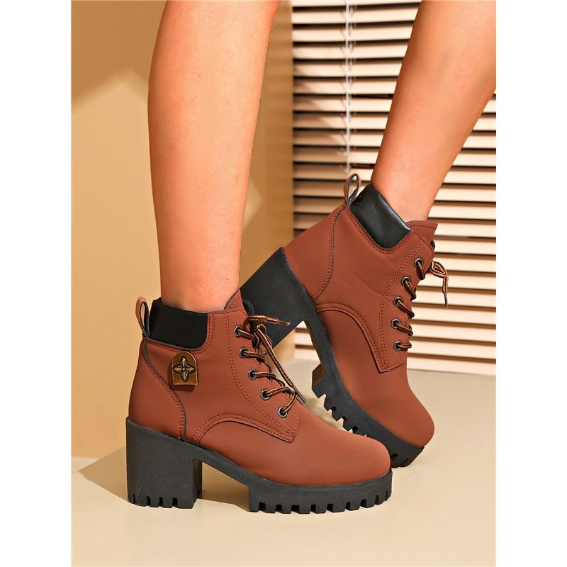 Women Lace Up Chunky Block Heel Ankle Boots Fashion Thick Sole Platform Short Martin Boots