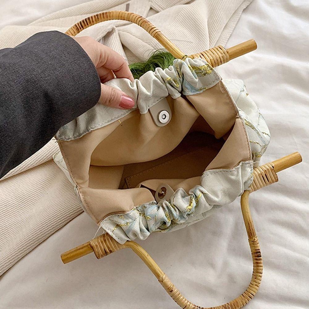 Embroidery New Chinese Style Handbag Printed Rattan Weave Bag Temperament Hanfu Bucket Bag Gift