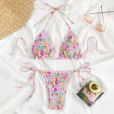 2 Pcs/Set Women Colorful Print Three-point Lace-up Halter Neck Pleated Wireless Soft Revealing Bikini Set Bathing Suit