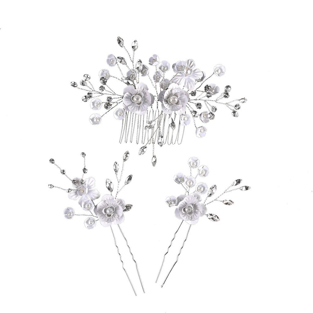 Europe and America Cross Border Bridal Wedding Headdress Flower White Spray Hair Comb Hairpin 3 Pieces Set Accessories
