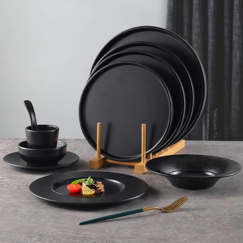 Melamine Black Round Plate for Pasta, Steak, Hot Pot, BBQ, and Tableware