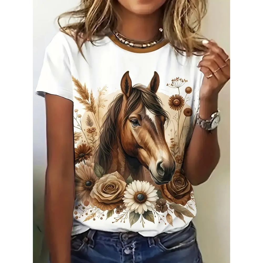 Women's Casual Round Neck T-shirt, Unique Horse Print Summer Short Sleeved Shirt