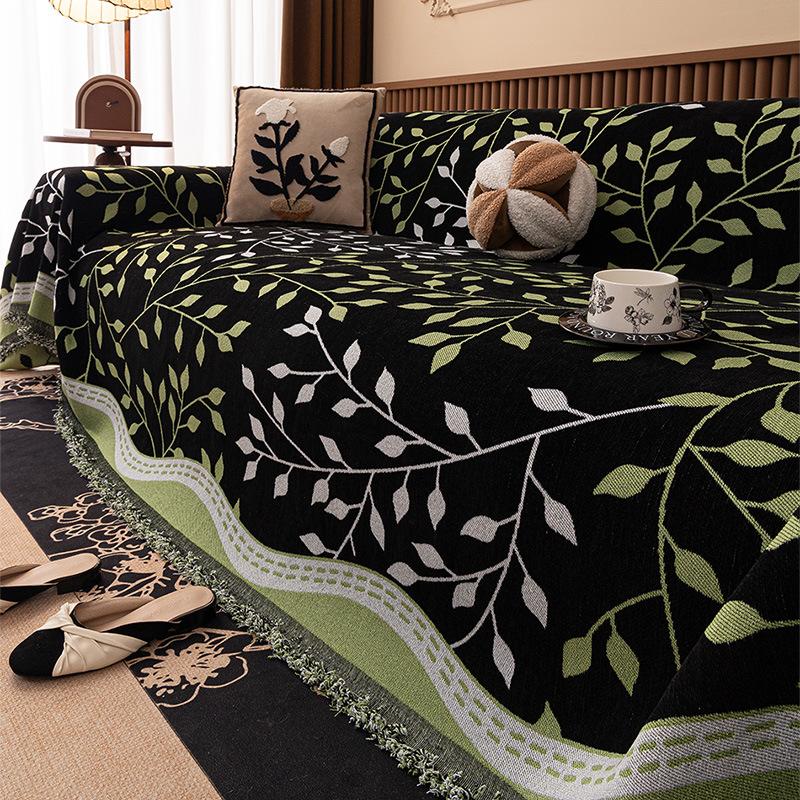 French Leaf Printed Sofa Towel With Tassels Skin-Friendly Chenille Knee Blanket For Office Multifunctional Dustproof Sofa Cover