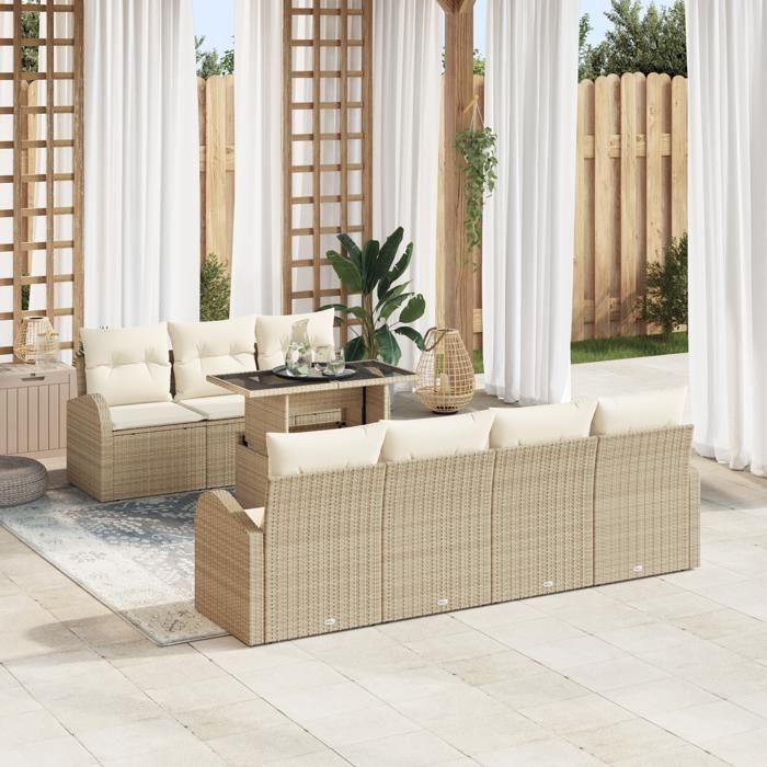 Ensemble de Canapés de Jardin 8 Pièces avec Coussins Beige Rotin Poly vidaXL, Canapé de Jardin 2 Places avec Rangement 3357324