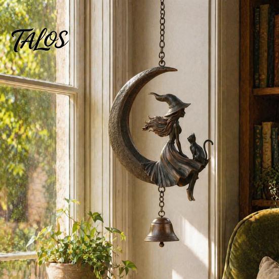 Witch Decor for Home Moon Wind Chime, Gothic Crescent with Black Cat Hanging Bell, Meditation Space Accents Mystical Garden Porch Patio Balcony