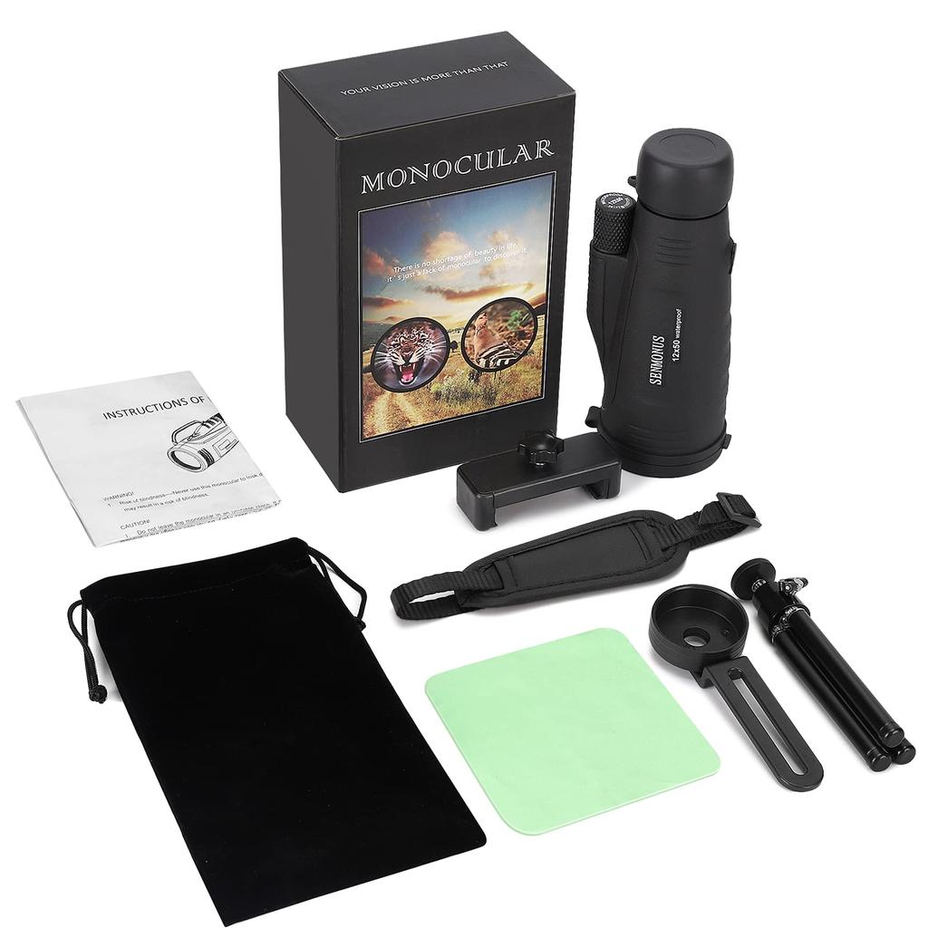 SENMONUS 12x50 Waterproof Monocular Telescope with Quick Smartphone Holder & Tripod, High Magnification Monocular with Hand Strap, Compact Monocular