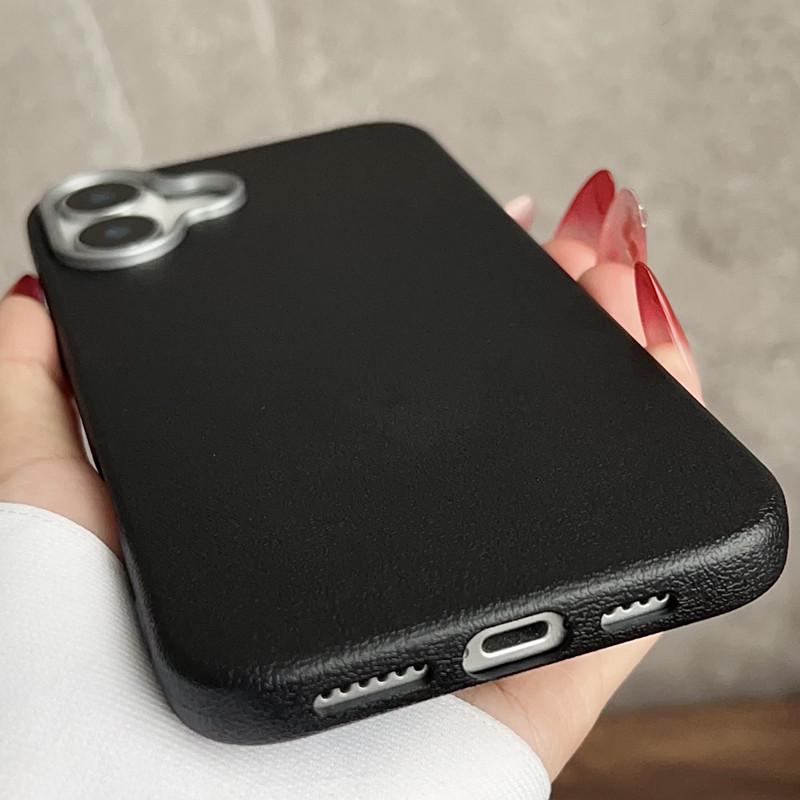 Large Hole Plain Leather Texture iPhone 16 Case for Apple, 12 Solid Color, Cross-Border 14/13, Two-in-One 15 & 17 Pro