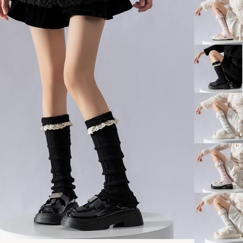 Women Fairycore Knitted Leg Warmers Calf Socks Japanese Sweet Bowknot Ruffled Lace Trim Leg Covers Boot Cuffs Stockings