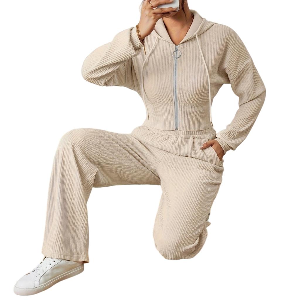 Dámský módní texturovaný dvoudílný oblek s dlouhým rukávem, spuštěnými rameny, zipem, stahovací šňůrkou a kapucí