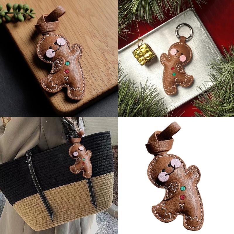 Plush Padded PU Leather Gingerbreads Man Keychain Lovely Designs Soft Materials Sturdy Hook for Keys