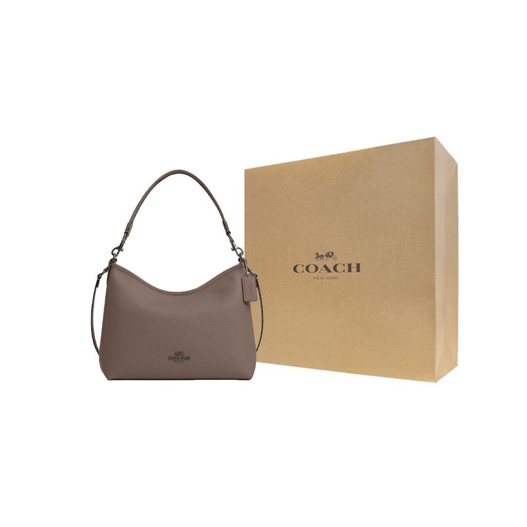 Coach Laurel 31 Logo Zip Closure Pebble Leather Tote Crossbody Shoulder Bag Large Women bags Dark-Stone CR148-QBCBD