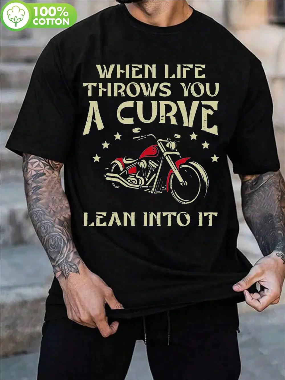 

Black Cotton Crew Neck T-shirt with Motorcycle Applique & When Life Throws You a Curve Graphic - 100% Breathable Cotton XXL