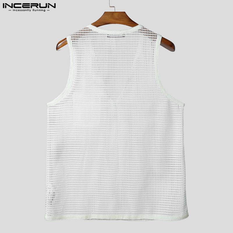 INCERUN Men V Neck Sleeveless Hollow Mesh See Through Party Beach Tank Tops