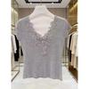Spring and Summer Pure Erotic Lace-Plaid V-Neck Short-Sleeved Knit Top for Women - Elegant, Versatile, Form-Fitting Base Layer Top