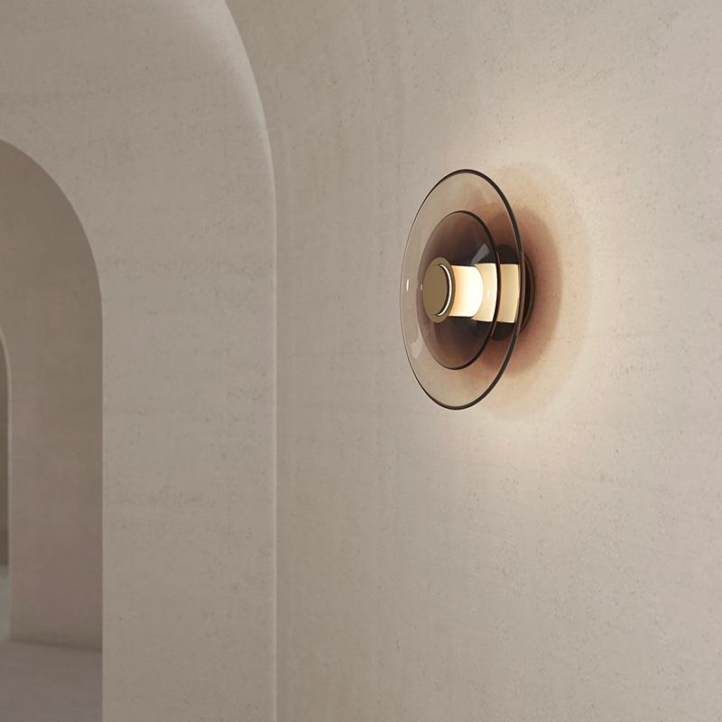Modern Minimalist Amber Glass Disc Wall Lamp Led Bedroom Living Room Golden Black Indoor Home Decoration Lighting Fixture
