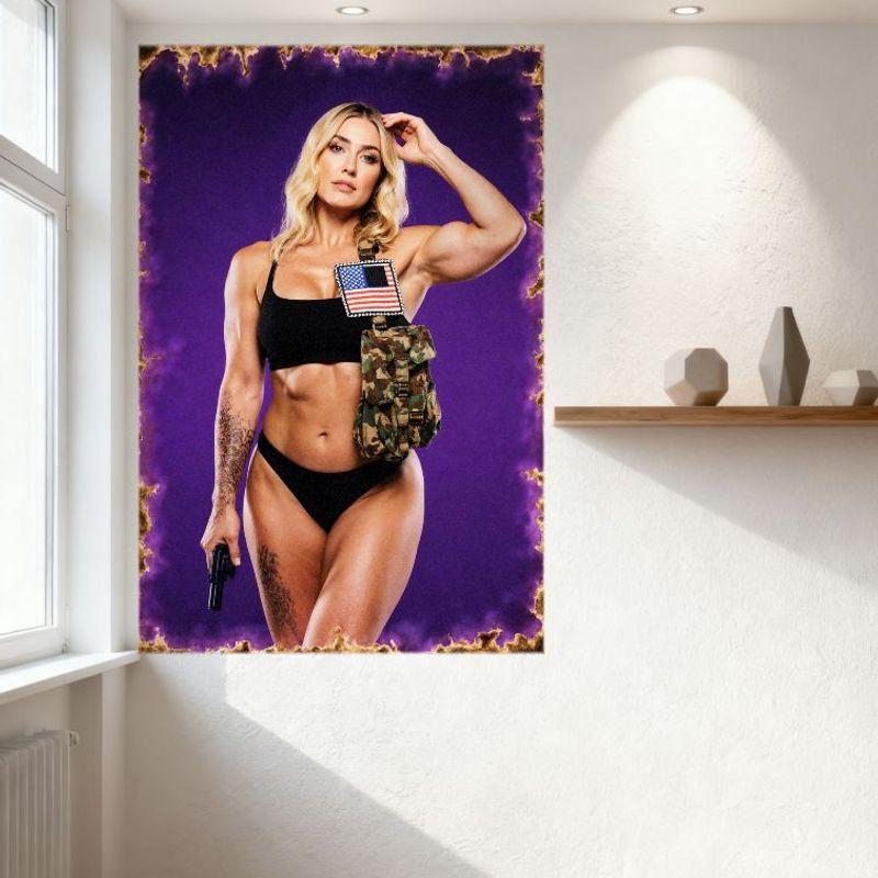 Sexy Muscular Blonde Woman with Gun Tin Sign, Purple Background Military Bag Tattoo Metal Poster for Bar Pub Home Cafe Wall Deco