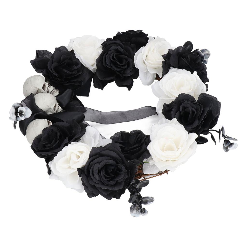 Halloween Kranz Totholz Plastikschädel Schwarz Weiße Blumen Deko Accessoire für Party Spukhaus