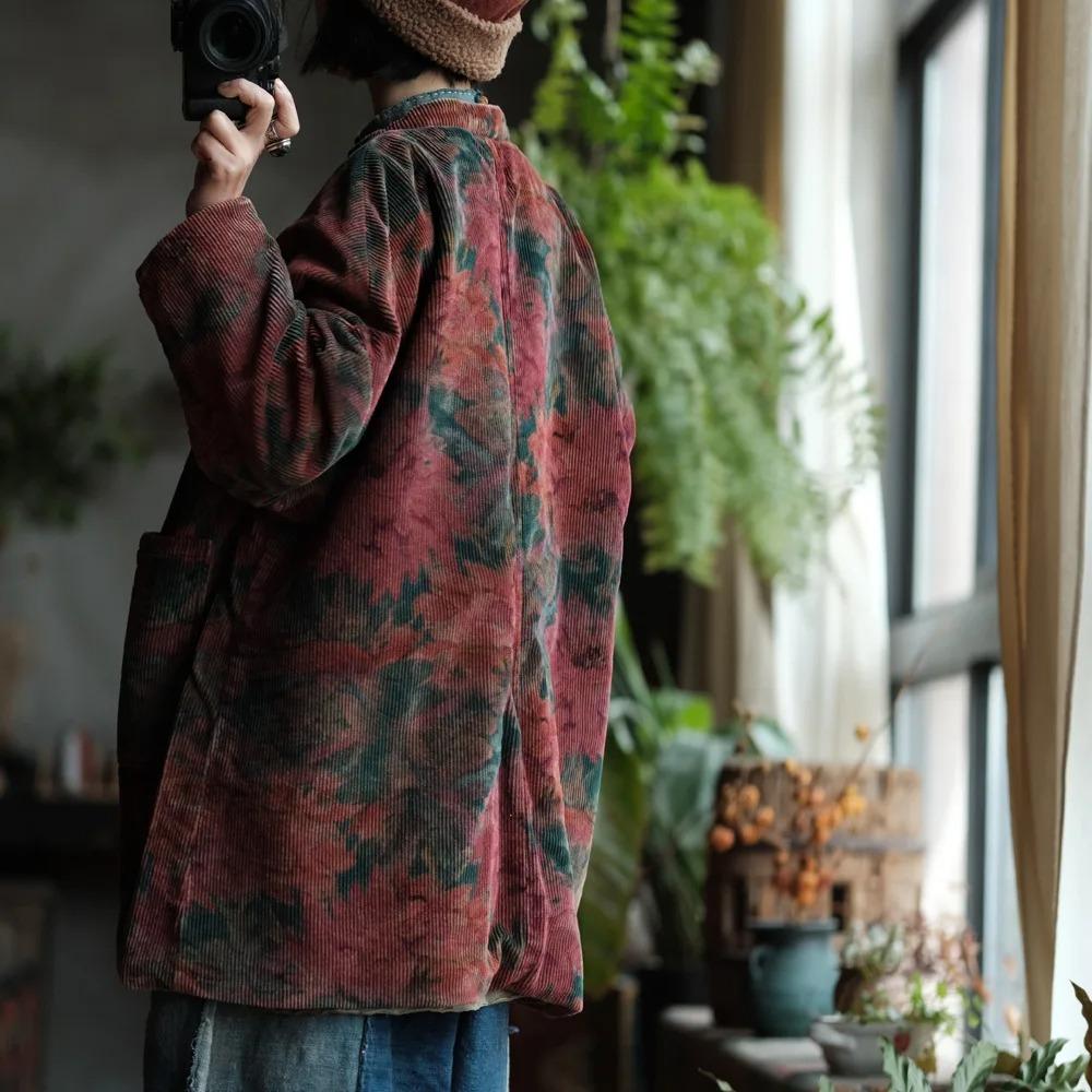 Johnature Women Vintage Corduroy Print Floral Button Patchwork Pockets Winter Coats Warm Coats