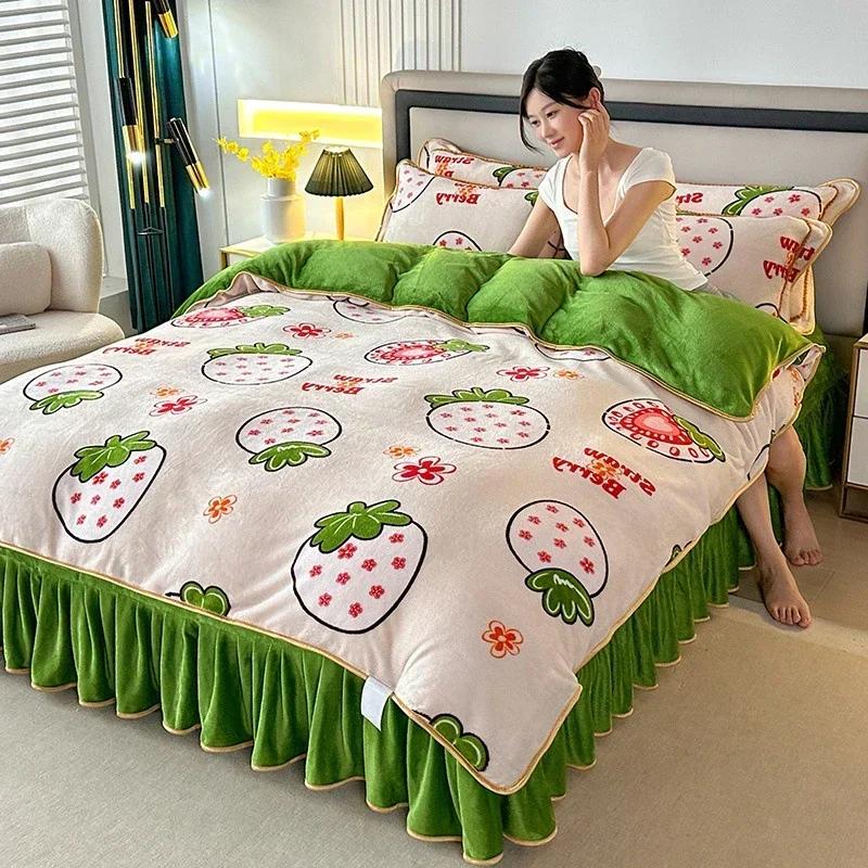 4pcs Double-sided Flannel Duvet Covers Milk Plush Bed Skirt Pillowcase Thicken Four Piece Set Bedding Article Three Piece Winter