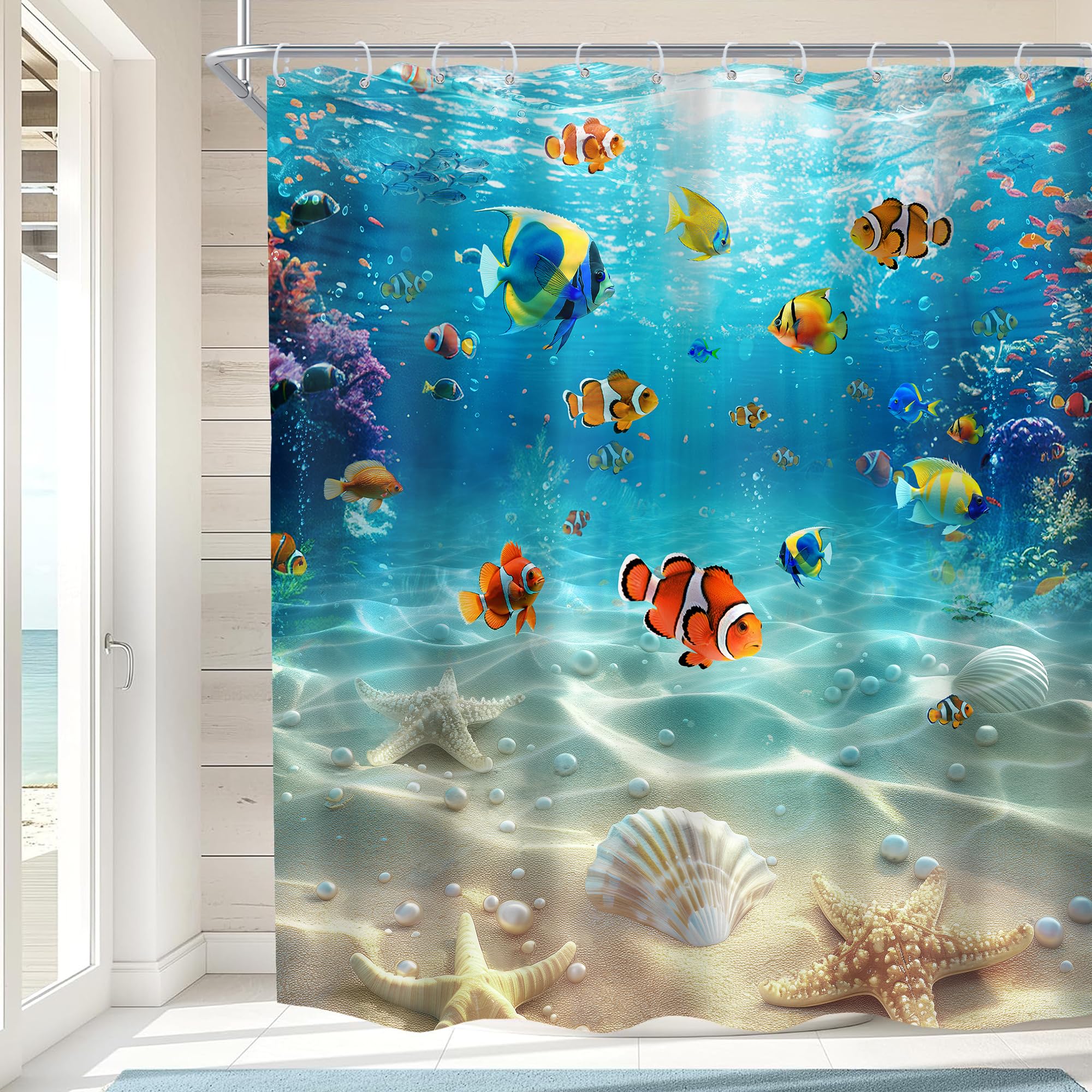 

Inspirational Bible Verse Ocean Shower Curtain, Blue Sea Starfish Coastal Waterproof Fabric Curtain W60H190(CM)-1 Pcs