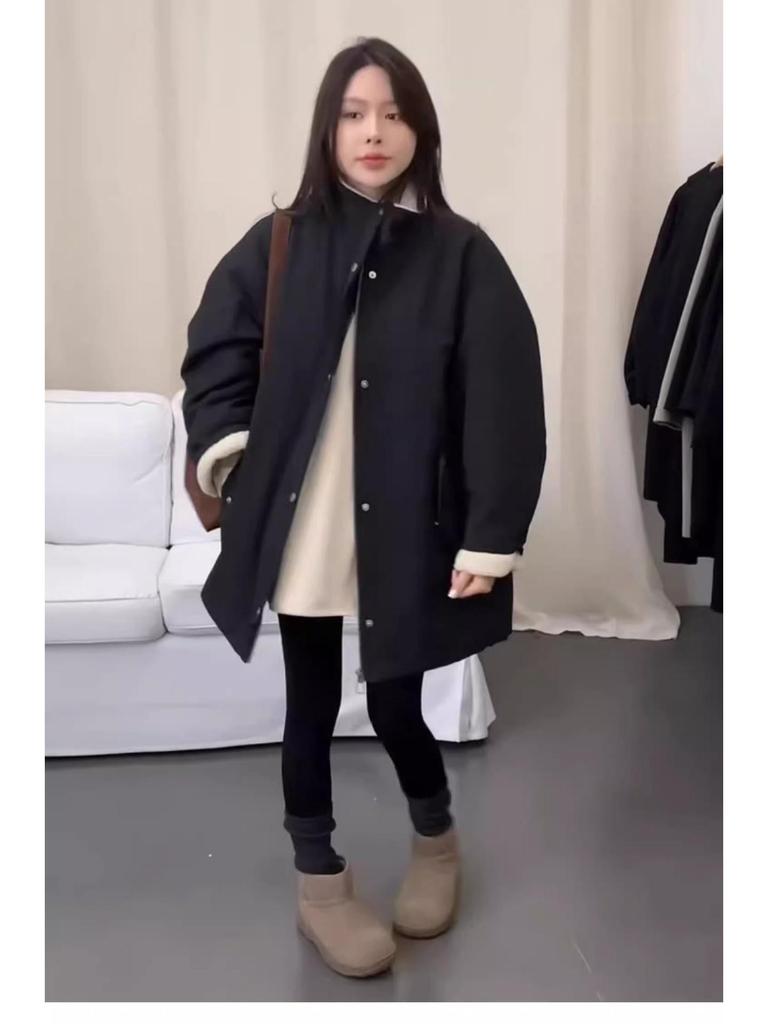 Women's 2024 Winter Stand Collar Lambswool Patchwork Coat - Loose, Versatile, and Warm Mid-Length Quilted Cotton Jacket