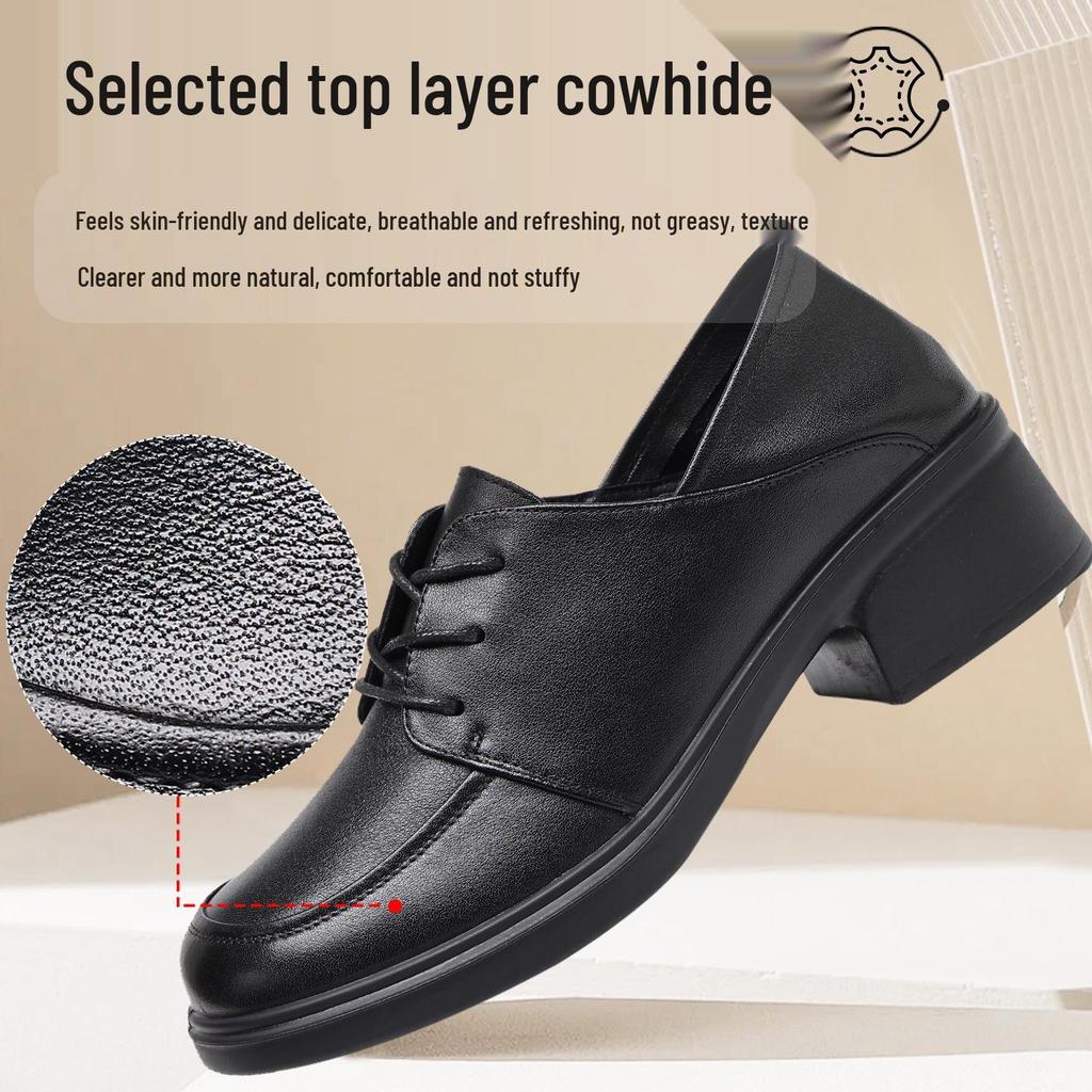 Genuine Leather Women's Chunky Heel Round Toe Shoes - Autumn Non-Slip & Comfortable Mom Shoes with Soft Mid Sole