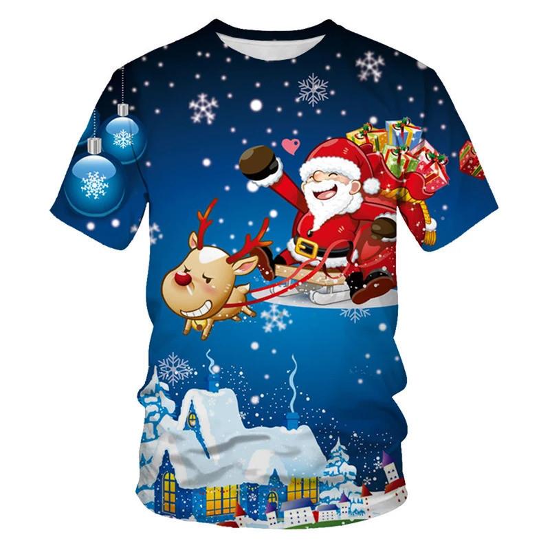 Santa Claus, Christmas Tree, Snowman, Printed Holiday Party, Men's Unisex Fashion T-shirt, Children's Round Neck Casual Short Sleeved Shirt