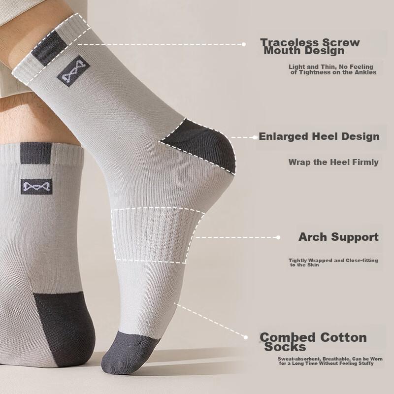 MIIOW 5 Pairs of 100% Pure Cotton Socks for Men, Jacquard Mid-Calf Socks, Sports Sweat-Absorbing Breathable Deodorant Autumn Winter Cotton Socks