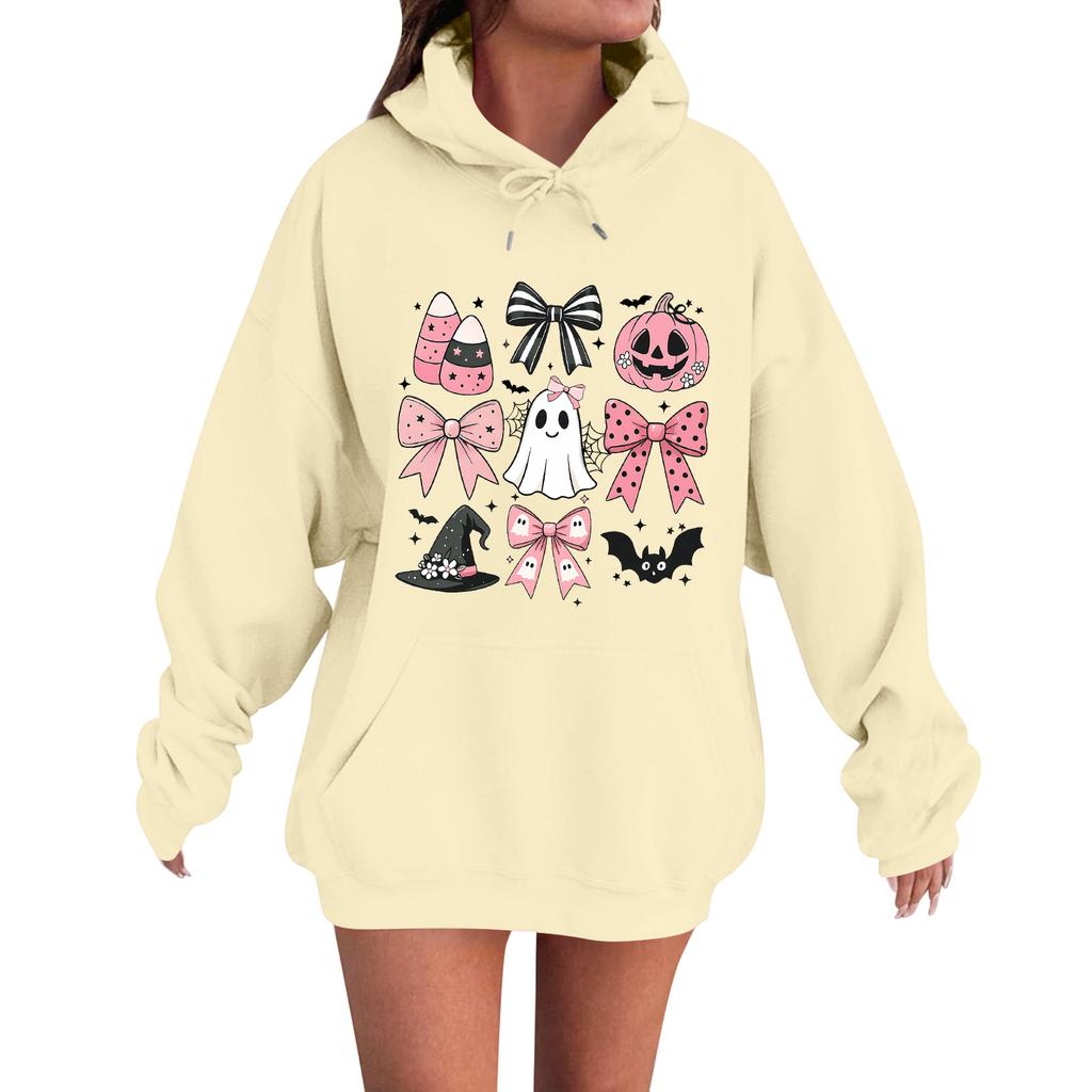 Women's Casual Fashion Comfortable Round Neck With Hood Long Sleeve Halloween Print Warm Sweatshirt