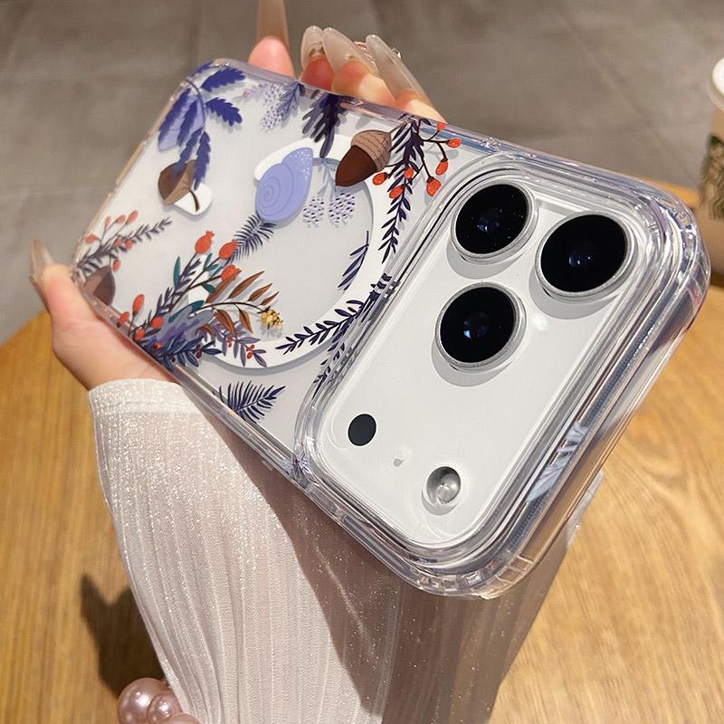 for IPhone 17 Air 16 15 14 13 12 Pro Max Clear Hard Acrylic Cover Luxury Glitter Flower for Magsafe Wireless Charge Magnet Case