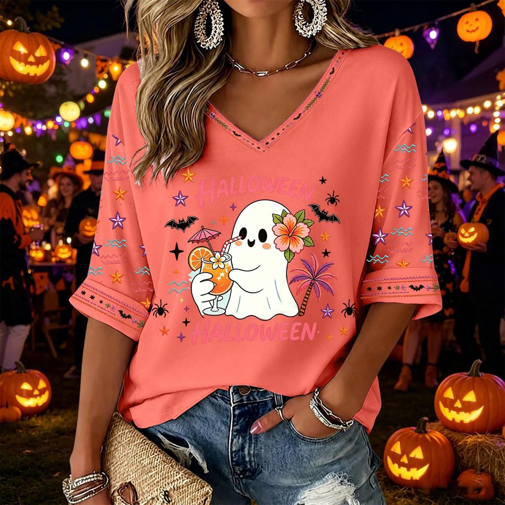 Women's V-Neck Three-Quarter Sleeve Halloween Print Blouse for Costume Party Seasonal Wear