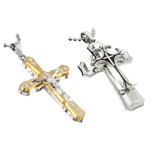 2Pcs Men Fashion Rhinestones Inlaid Jesus Cross Pendant Chain Necklace Gift