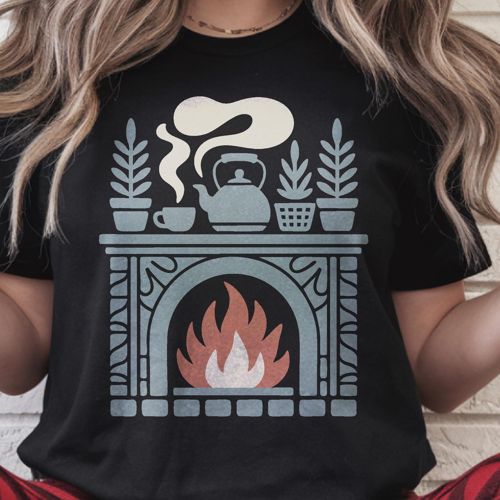 Cozy Fireplace Shirt, Cottagecore Hearth Hygge Tee, Rustic Kettle and Plants T-Shirt, Fall Winter Comfort Cozycore Gift L