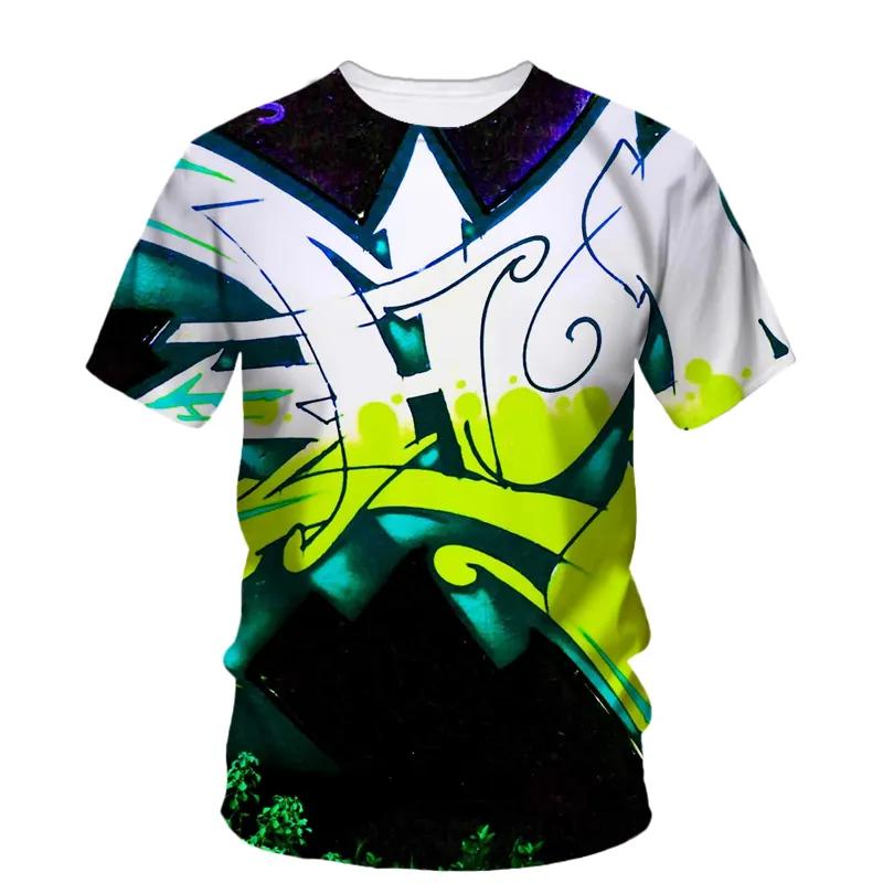 Sommar Ny Kreativ Graffiti Målning Konst Linje T-shirt Herr Mode Casual Hip Hop Harajuku 3D HD Tryckt O Krage Kort Ärm