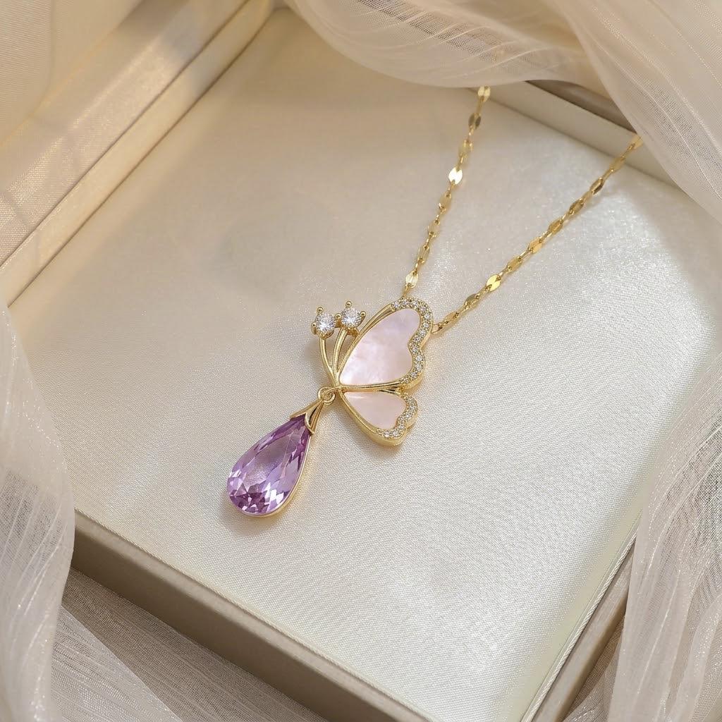Women's French Bow Zircon Pendant Necklace, Titanium Steel Clavicle Chain, Fashionable and Trendy.