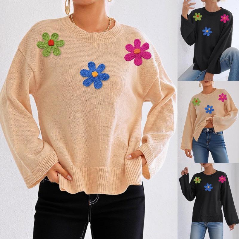 Three-dimensional Colorful Flower Splicing Autumn and Winter Loose and Comfortable Casual Long-sleeved Tops Round Neck Pullover Sweater for Women