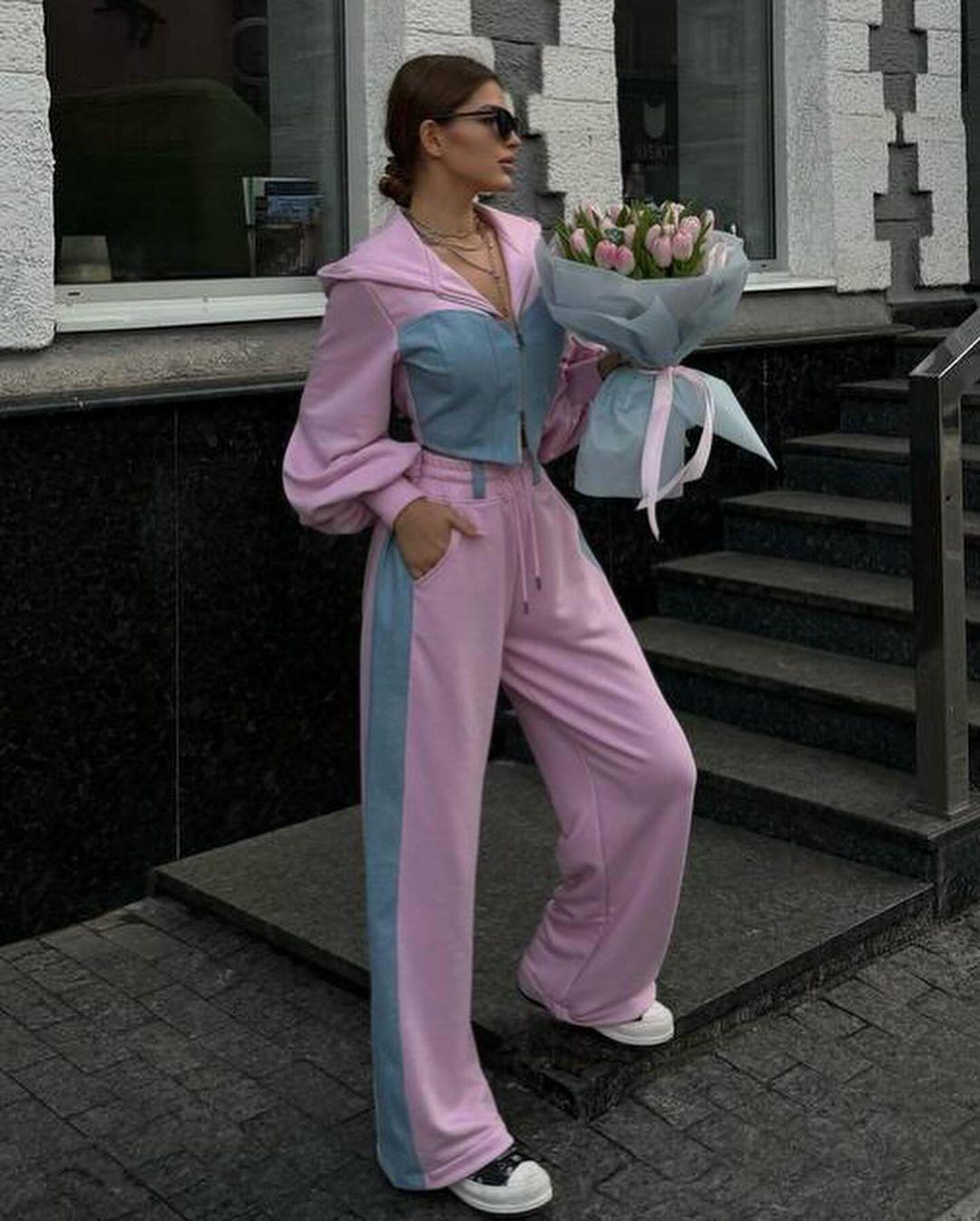 

Жіночий комплект: Худі та штани з деніму в європейському та американському стилі Small рожевий