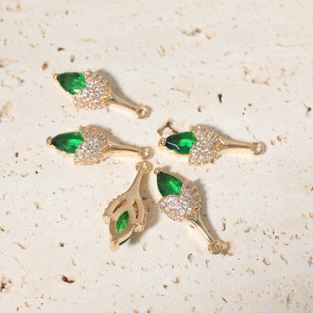 Copper Tulip Flower Charms with Green & Clear Zirconia, Golden Plated, 2pcs for DIY Jewelry Making