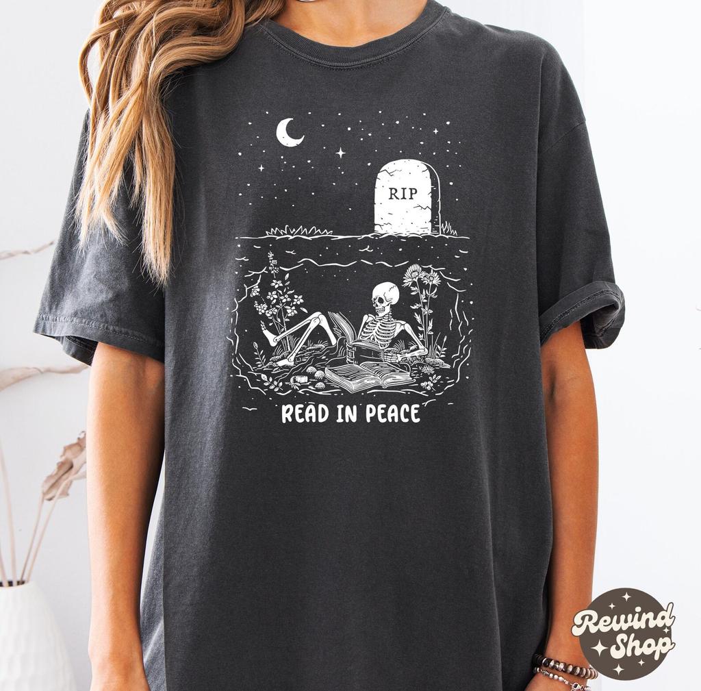 Read In Peace Graphic Tshirt, Comfort Colors Skeleton Book Shirt, Reading Tshirt, Book Lover Shirt