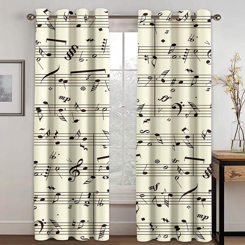 Black Music Abstract Piano Note Art Modern Thin 2 Pieces Light Filtering Curtains for Living Room Bedroom Window Drape Decor