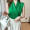 Wrap V-Neck Sleeveless Slim Fit Women Top Solid Color Satin Blouse