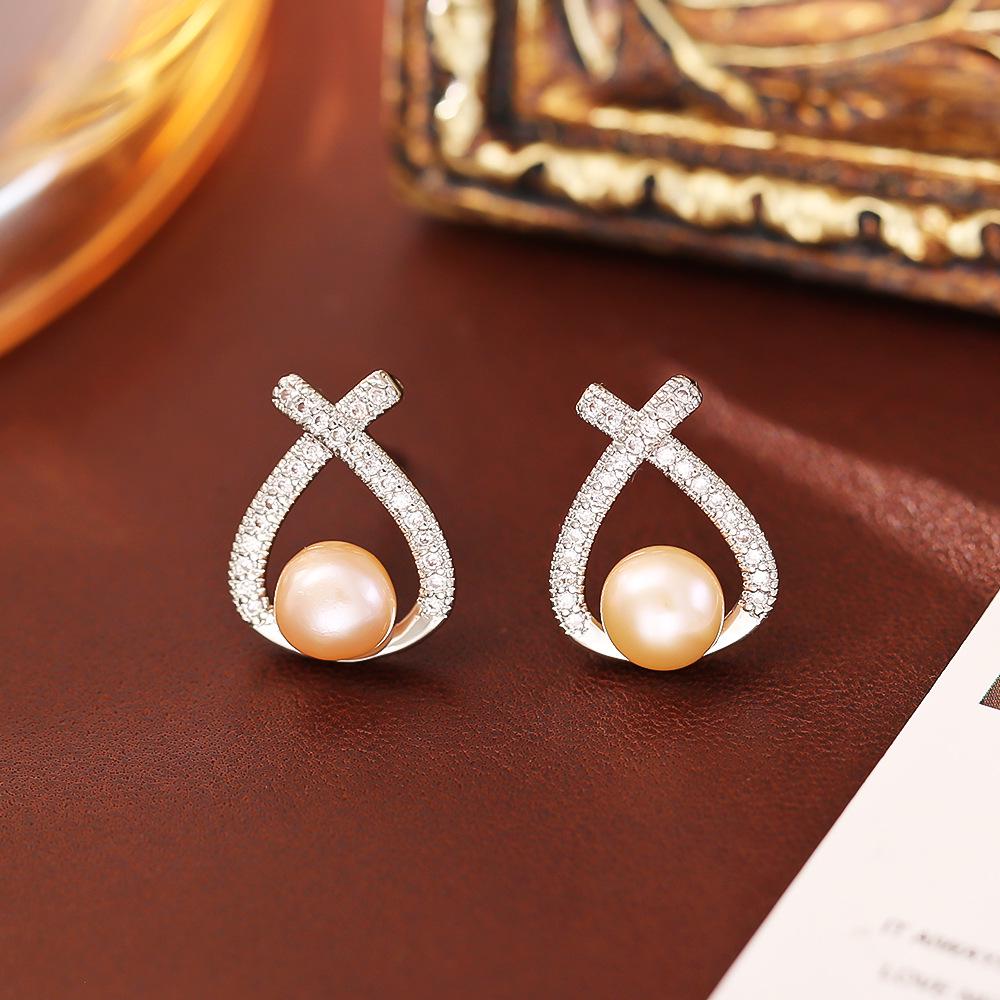 High-End Pearl & Zircon Cross Stud Earrings - Elegant, Fashionable & Versatile Jewelry