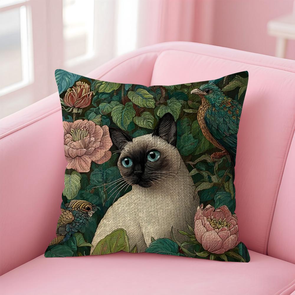 Cat And Flower Fashion Cushion Cover Natural Linen Pillow Case DoubleSided Print Decorative Sofa Pillowcase Home Decor Gift