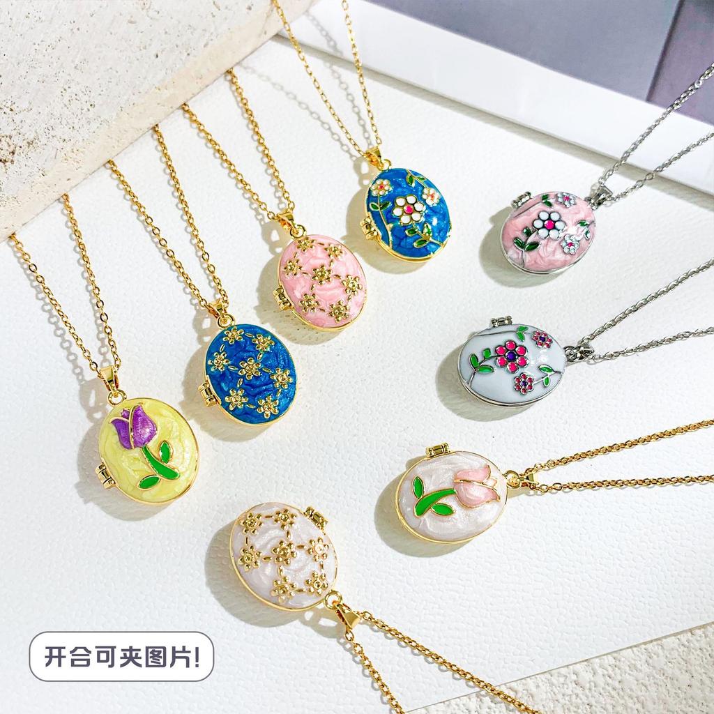 Vintage Enamel Photo Locket Pendant Necklace for Women Minimalist Luxurious Non-Fading Titanium Steel Jewelry Accessoryry