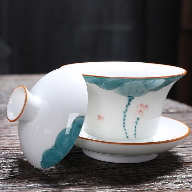 175ml Ceramic Sancai Gaiwan Hand-painted Lotus Tea Bowl