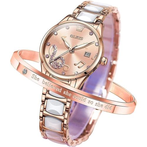 

Стильные женские кварцевые наручные часы OLEVS с индикацией даты, популярные, люминесцентные, водонепроницаемые, легко читаемые, розовый браслет, керамика