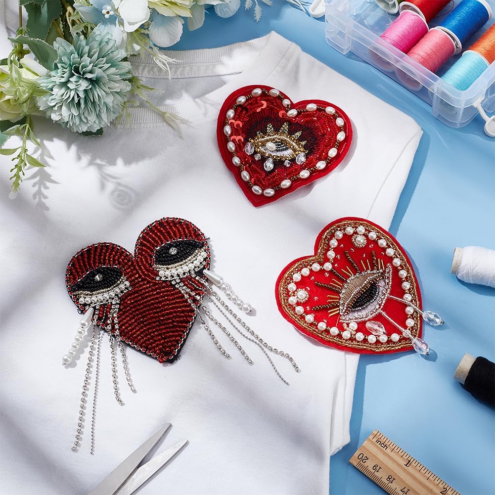 INFUNLY 3pcs Evil Eyes Beaded Patches Rhinestone Applique Patches Sequin Applique Sew on Crystal Heart Patch Red Heart Embroidery Patch for Clothing
