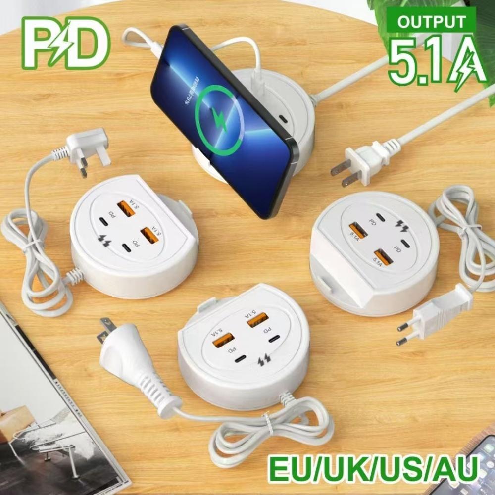 5.1A 4 Ports Multifunction USB Desktop Power Strip Holder EU/US/UK Plug USB Type C Quick Charging Socket For Phone Tablet Laptop