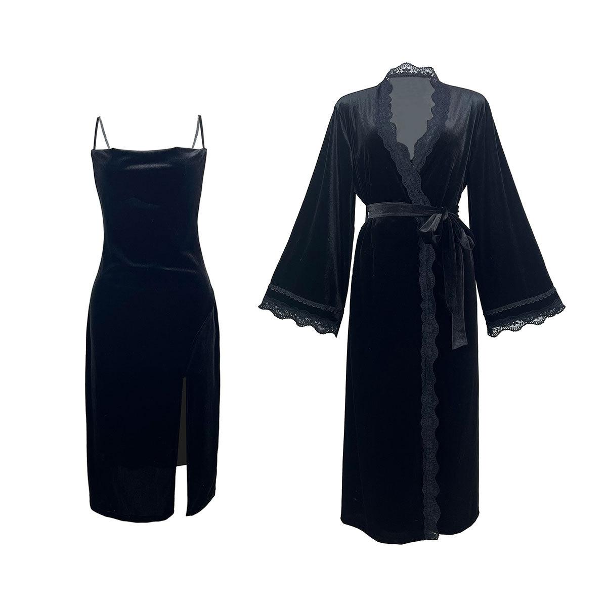 

Velvet High Slit Cami Nightgown Set Lace Patchwork Luxury Robe Two-Piece Loungewear 651 Cozy Sensual Sleepwear Set for Cold Nights Relaxing Evenings L